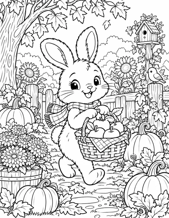 Bunny with an Autumn Harvest Basket black and white coloring page