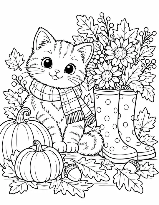 Cozy Kitten with Rain Boots black and white coloring page