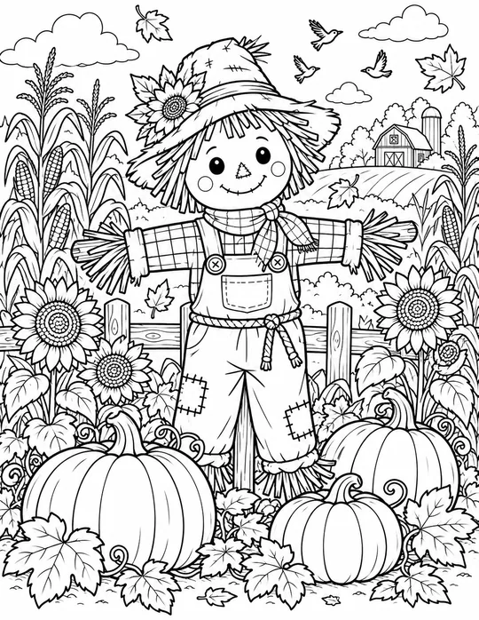 Happy Scarecrow in the Pumpkin Patch black and white coloring page