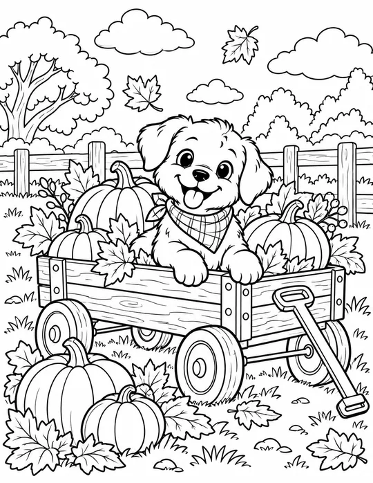 Happy Puppy in a Pumpkin Wagon black and white coloring page