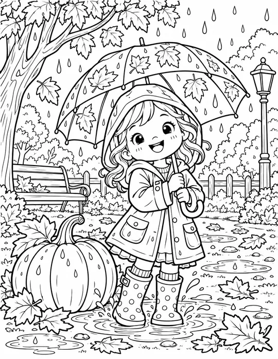 Rainy Autumn Girl with Umbrella black and white coloring page