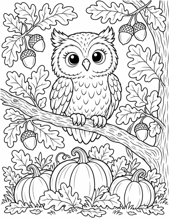 Woodland Owl and Pumpkins black and white coloring page