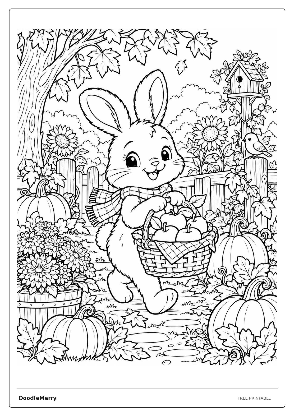 Print ready Bunny with an Autumn Harvest Basket framed coloring sheet