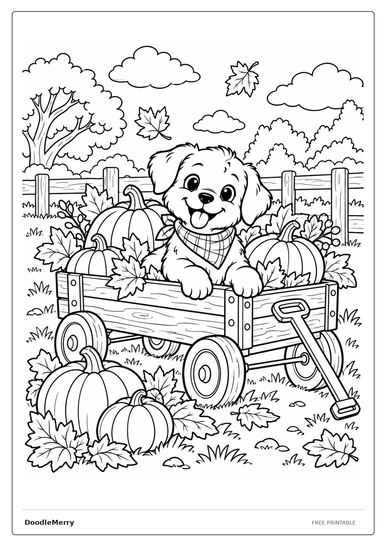 Print ready Happy Puppy in a Pumpkin Wagon framed coloring sheet