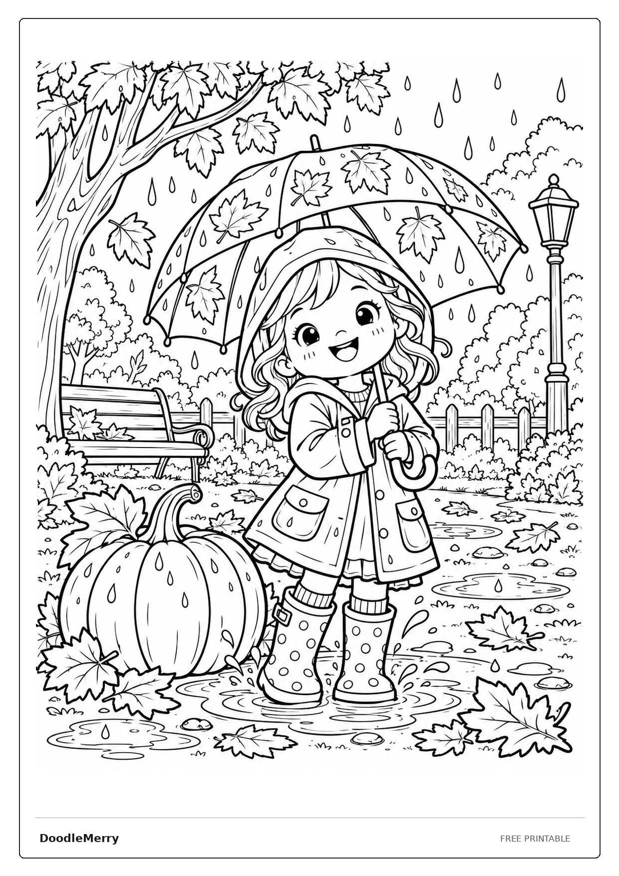 Print ready Rainy Autumn Girl with Umbrella framed coloring sheet